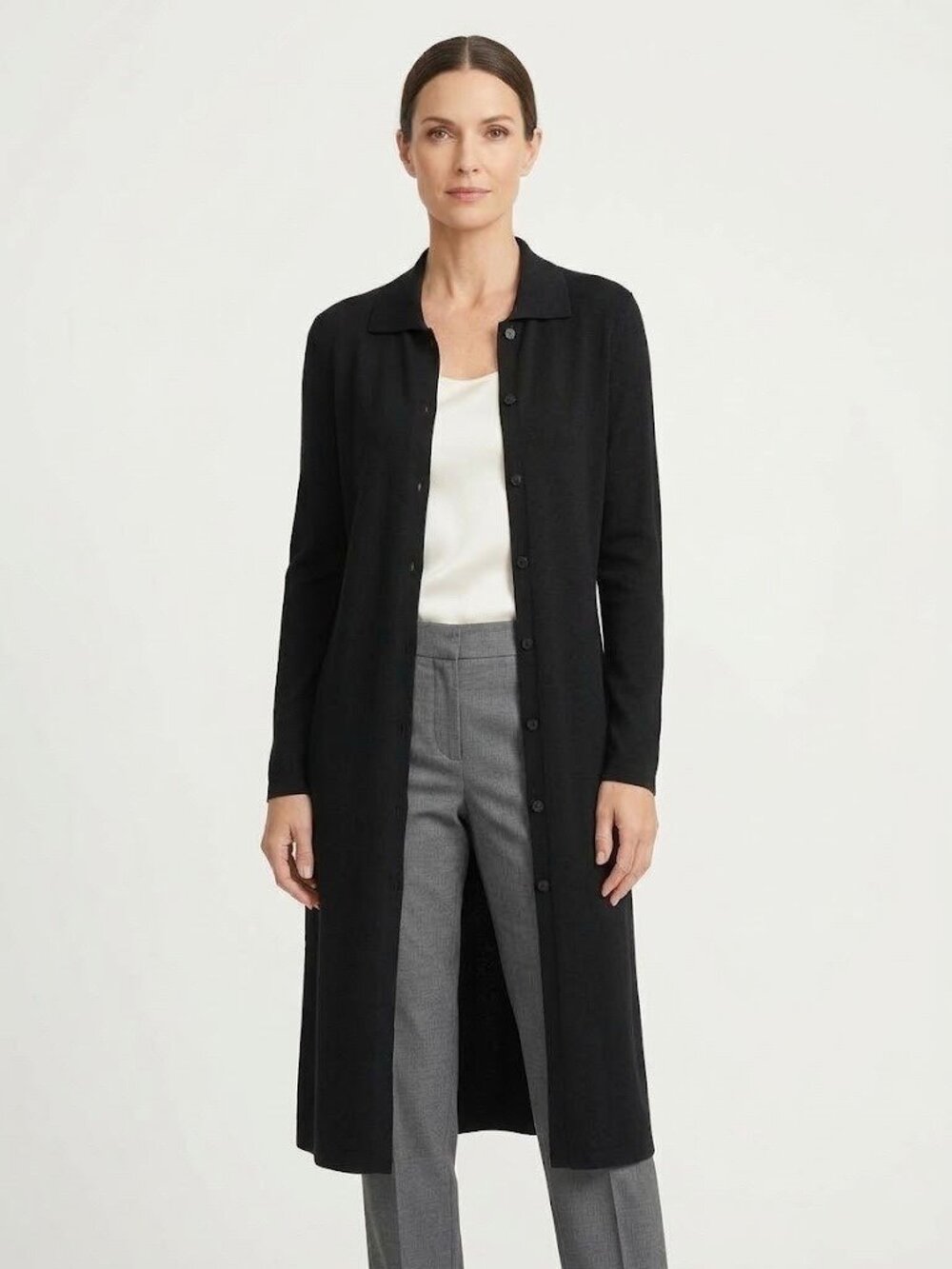 Vtg Talbots Longline Cardigan Black Merino Wool Rayon L Italy Capsule Minimalist